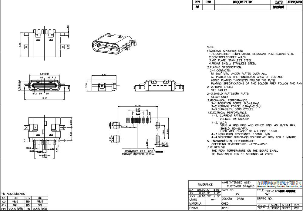 6 βυθίζοντας θηλυκό 0.8MM 3.1mm πιάτων PCB υποδοχών συνδετήρων τύπων Γ καρφιτσών USB